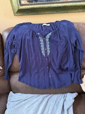 Woven Embroidered Navy Button-Front Women's Top